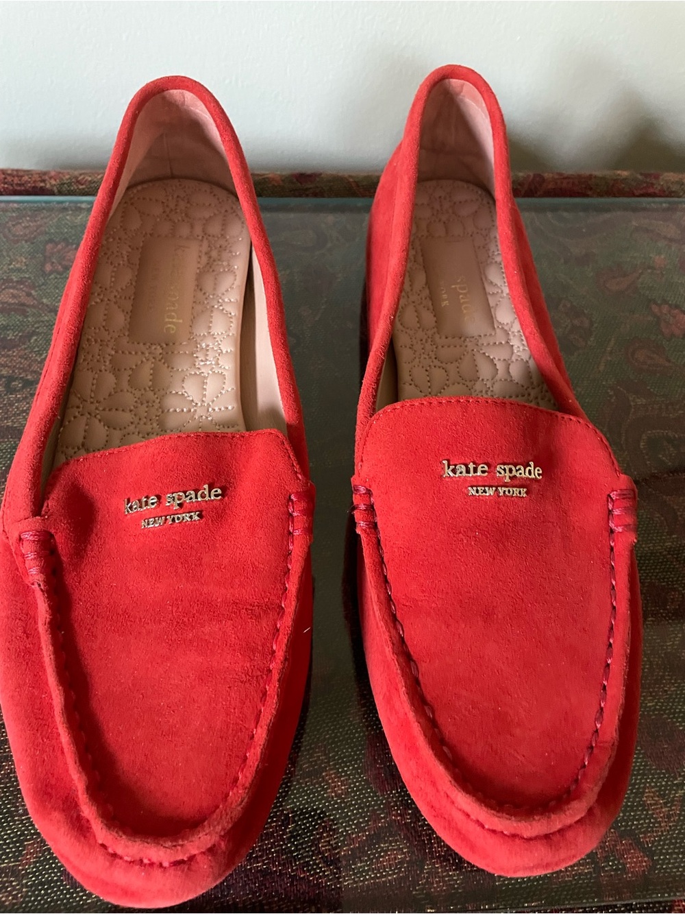 kate spade Red Dakota Suede Loafers with Gold Logo 7.5 EUC - Picture 1 of 5